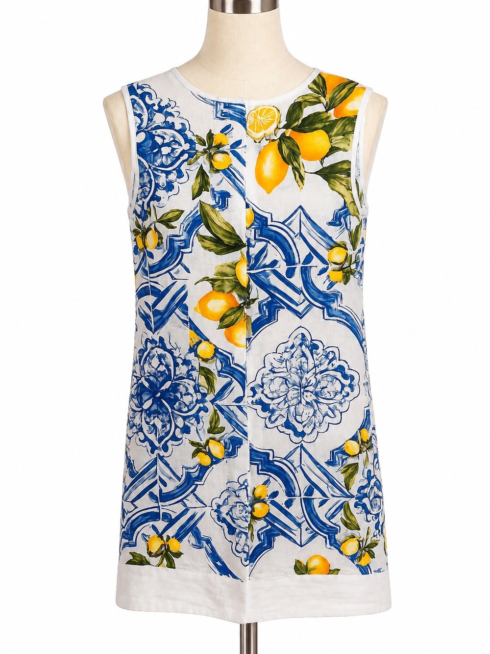 Sleeveless Lemon & Tile Print Midi Dress in White, Blue and Yellow - Picture 3 of 10